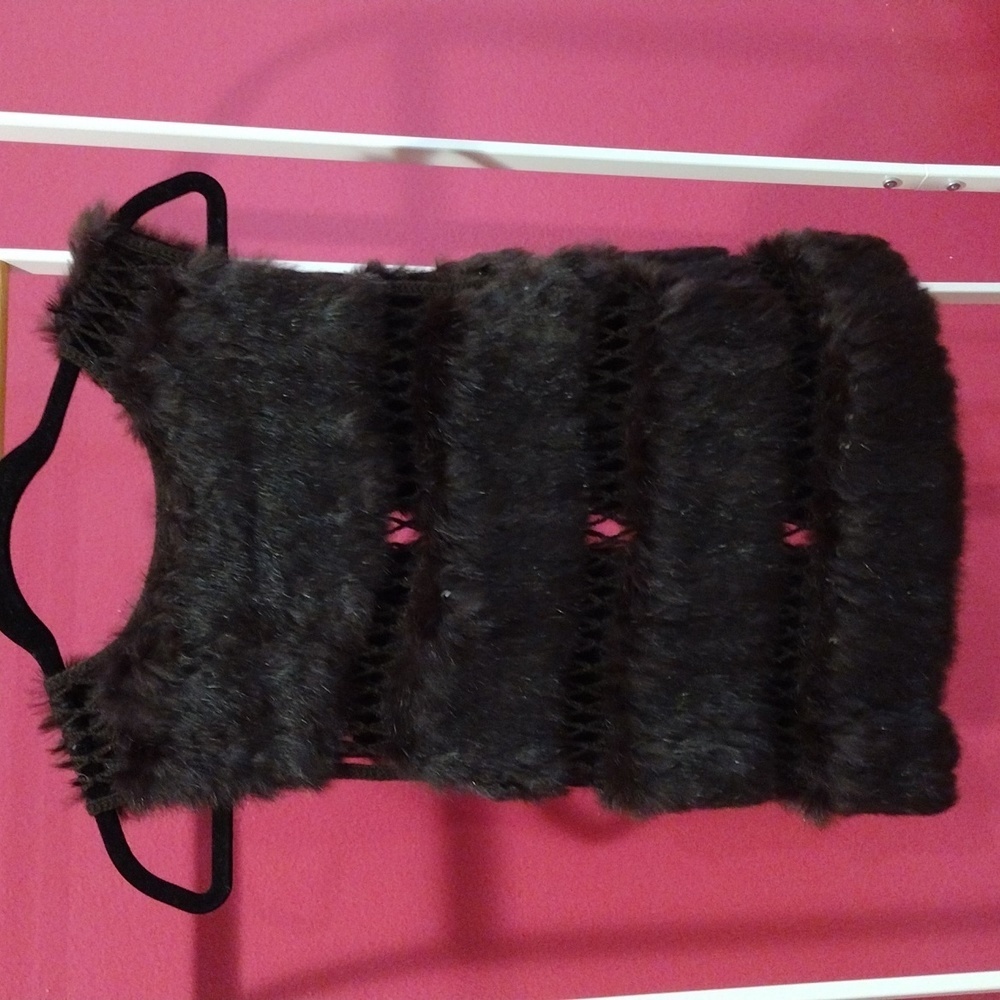 BCBG Max Azria Black Genuine Rabbit Fur Vest Gilet Sleeveless Jacket Size L - Picture 4 of 7
